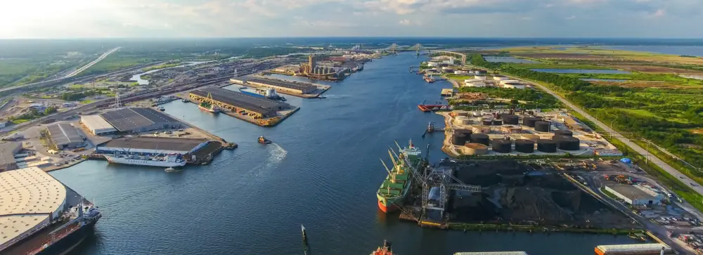 Aerial view of the Mobile River and the Port of Mobile.