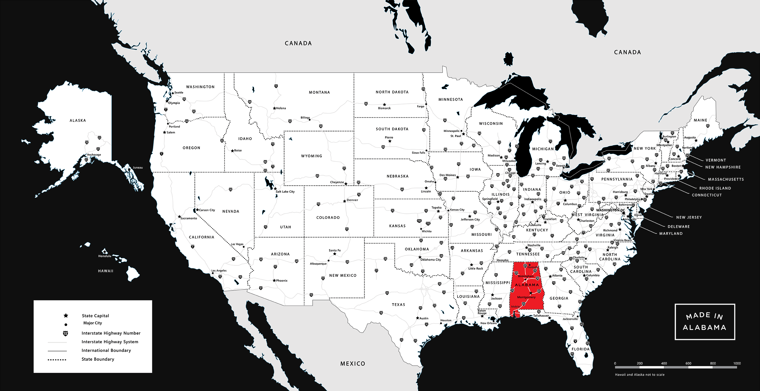 A map of the united states with state borders, interstates, and major cities labeled. Alabama is called out in red.