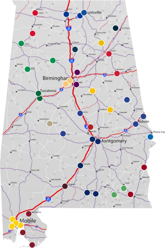A map of Alabama with locations of 2-year colleges marked by circles.
