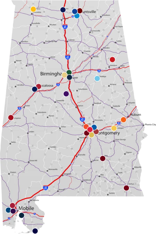 A map of Alabama with locations of 4-year colleges marked by circles.